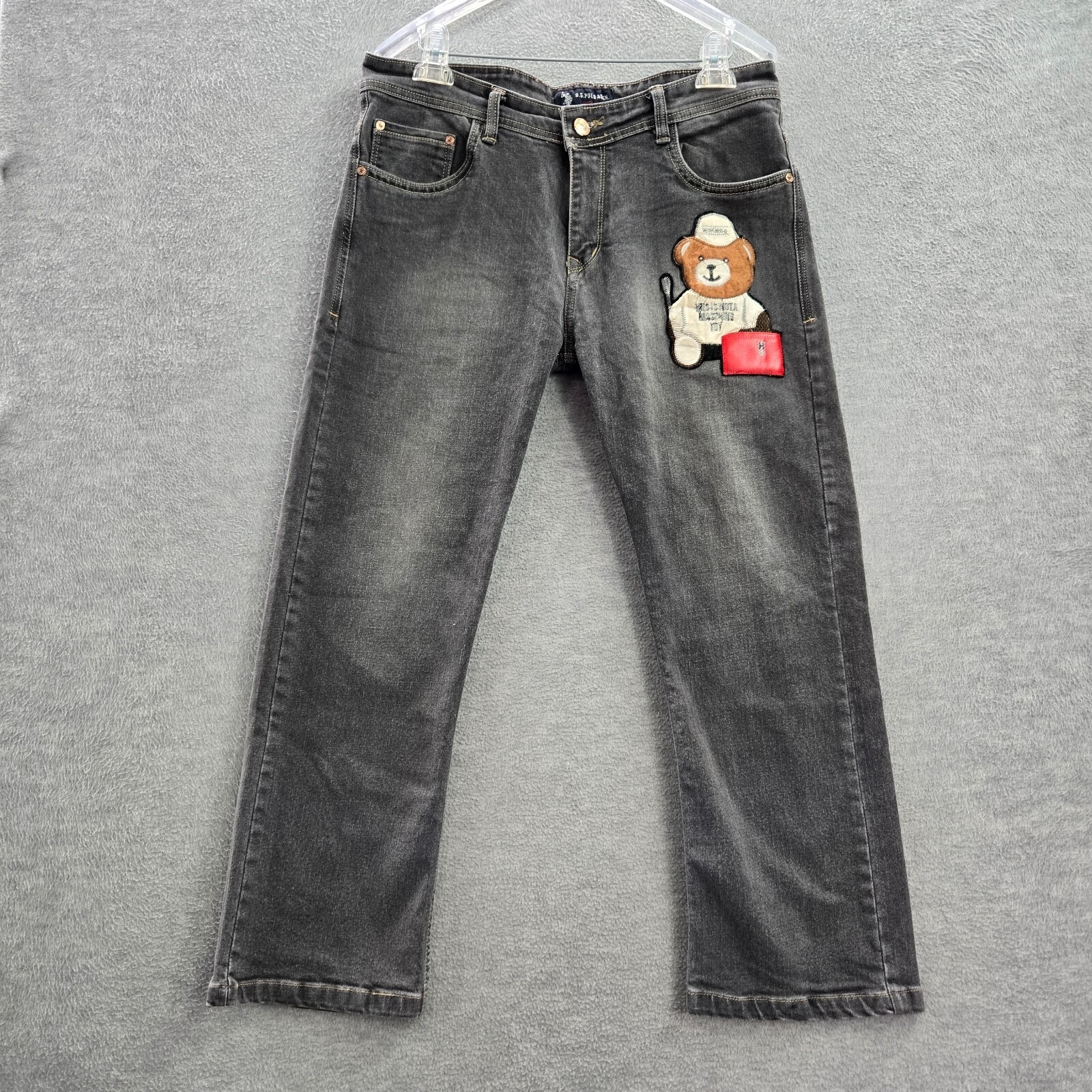 Us Polo Assn Men Jeans 36 Gray Denim Bootcut Bear Stitch Pockets 27 In Inseam